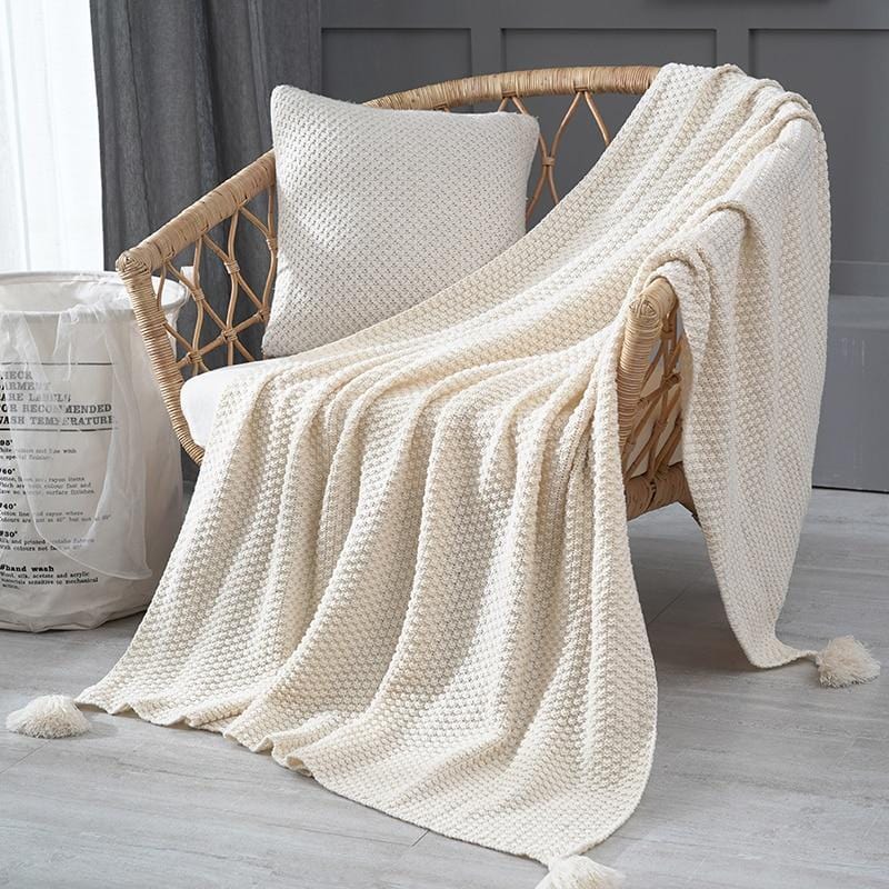 Hand Knitted Tassel Throw Blanket