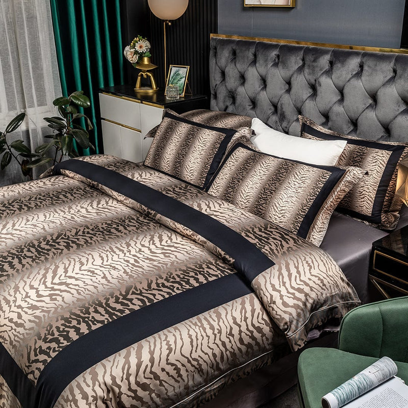 Golden Zebra Print Egyptian Cotton Duvet Cover & Sheet Set