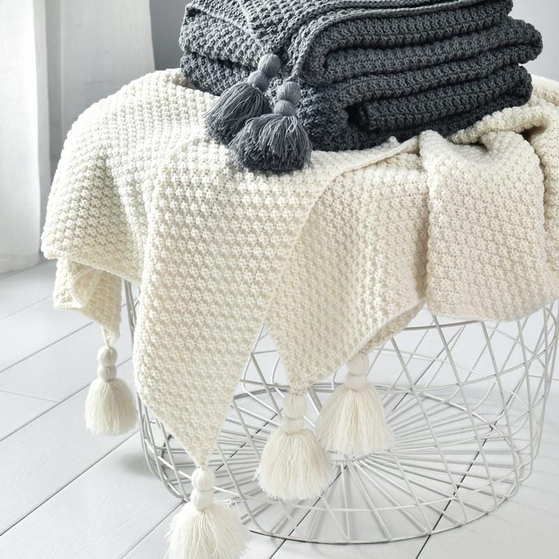 Hand Knitted Tassel Throw Blanket