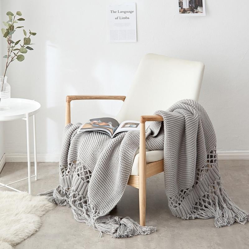 Hand Knitted Tassel Throw Blanket