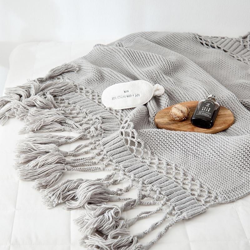 Hand Knitted Tassel Throw Blanket
