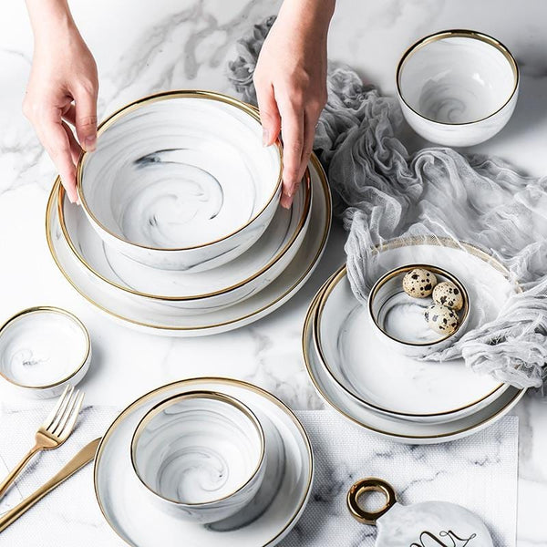 Marble & Rim Gold Plates & Bowls