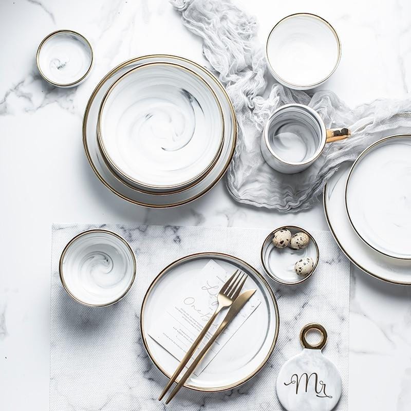 Marble & Rim Gold Plates & Bowls