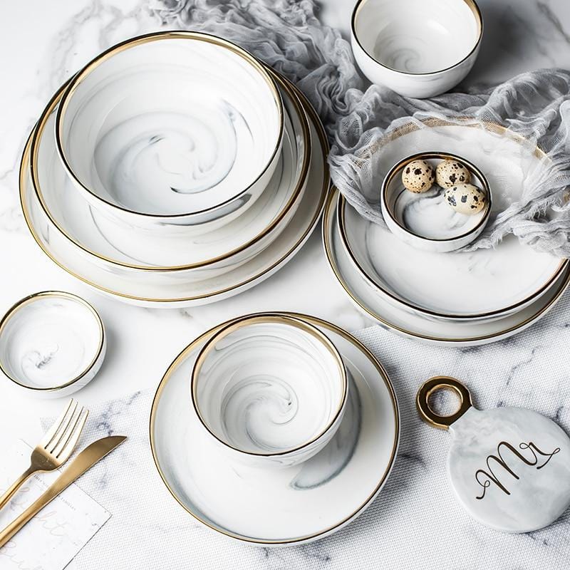 Marble & Rim Gold Plates & Bowls