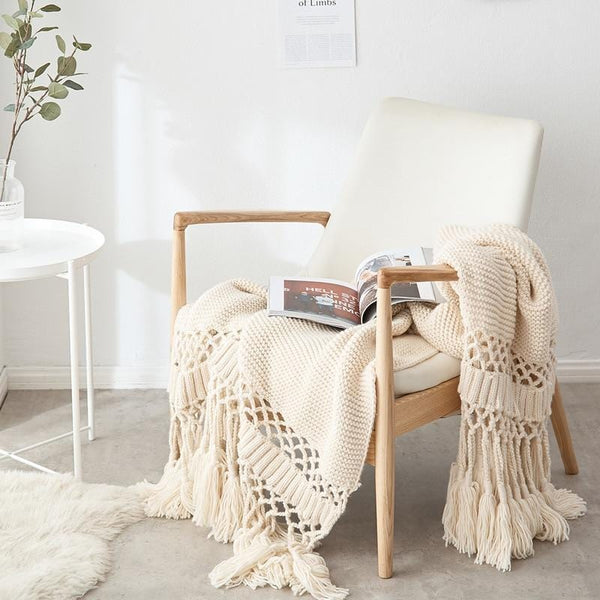 Hand Knitted Tassel Throw Blanket